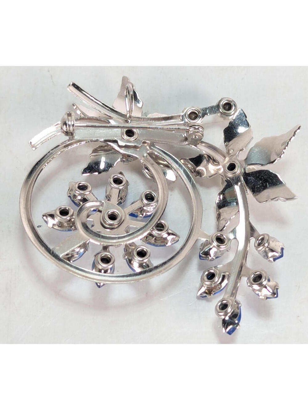 VTG Blue Sapphire & Clear Glass Rhinestone Brooch Pin 2" Retro Glam Flower Bling - Picture 7 of 9